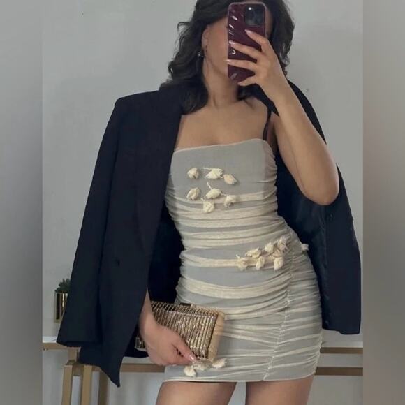 Zara Double Strap Beige Tulle Dress with Floral Accents Small - Picture 3 of 15